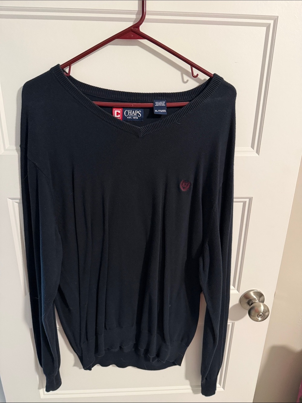 Chaps Men's Navy V-Neck Sweater with Subtle Burgundy Emblem